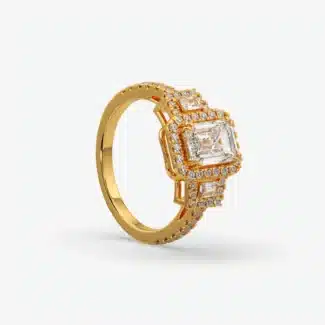 Custom Emerald-Cut Three-Stone Halo Engagement Ring