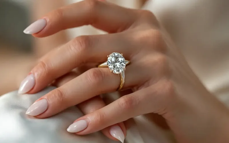 Steps to choose the perfect engagement ring, featuring diamond shapes, band materials, and types.
